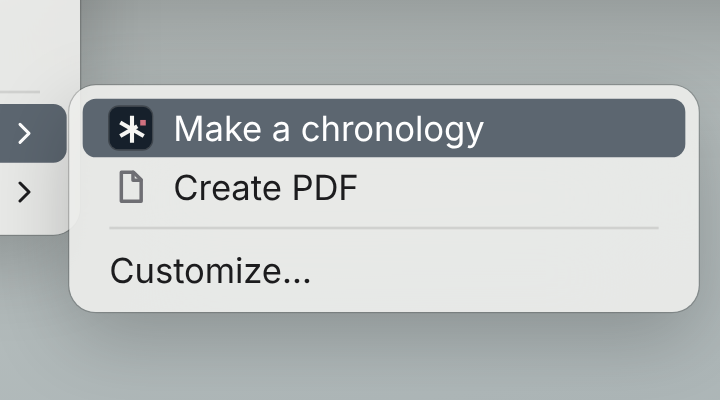 Finder's right-click menu on the Records folder, Quick Actions open, with Make a chronology highlighted.