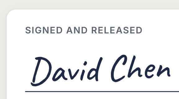 Signed and released, with David Chen's signature.